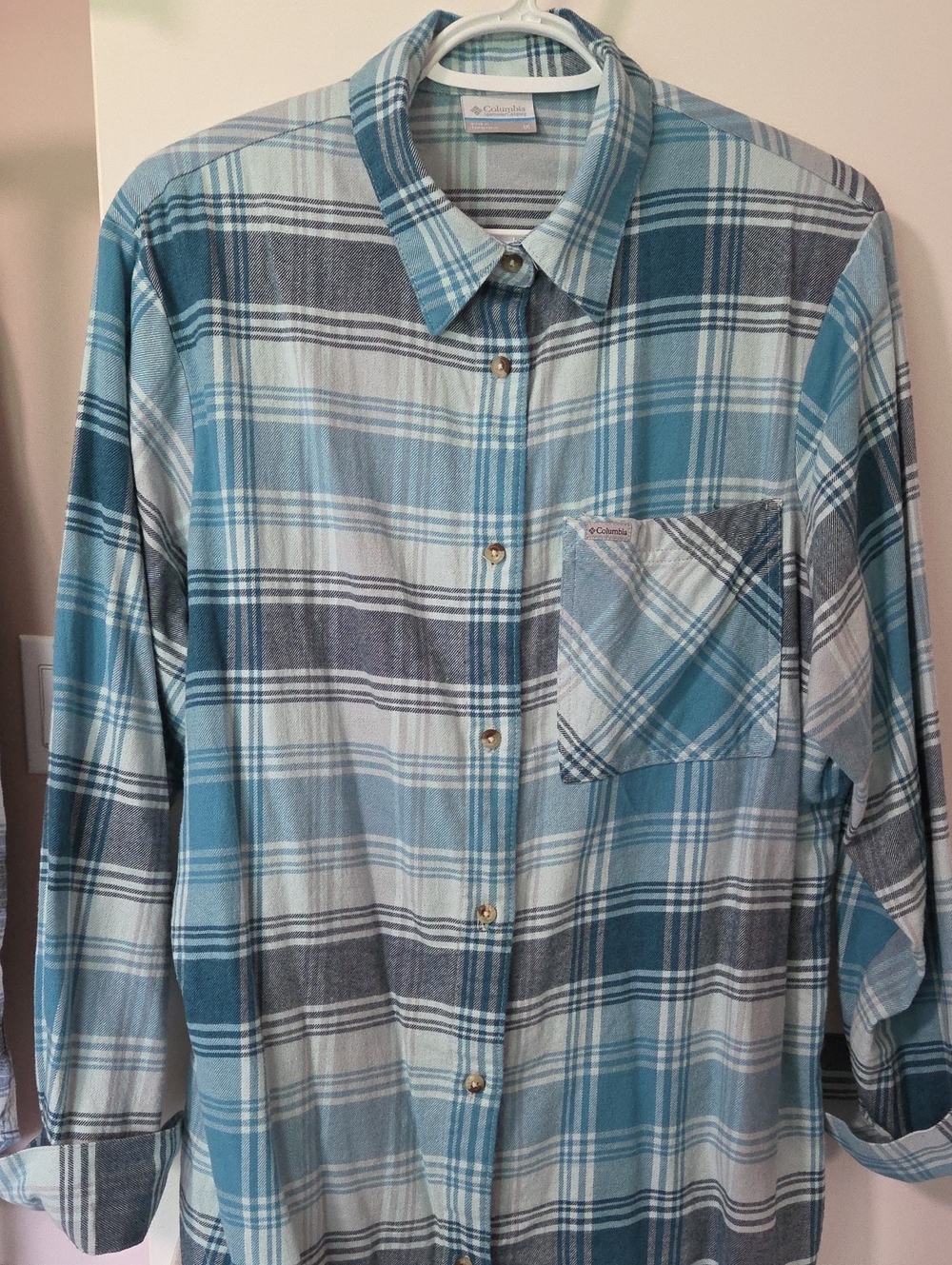 Columbia Teal and Gray Plaid Button-Down Shirt